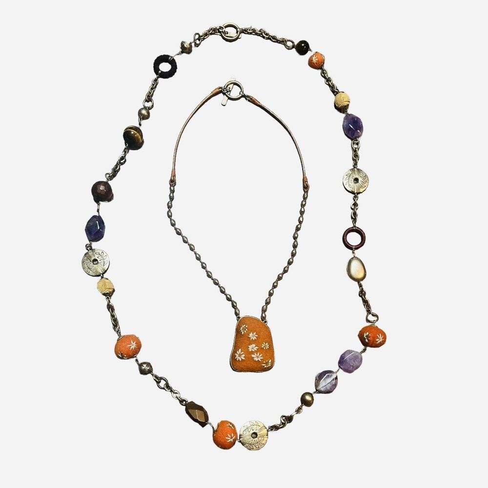 Sigrid Olsen Chunky Bead Necklace Purple Gemstone Orange Felt Stitched‎ Set Of 2